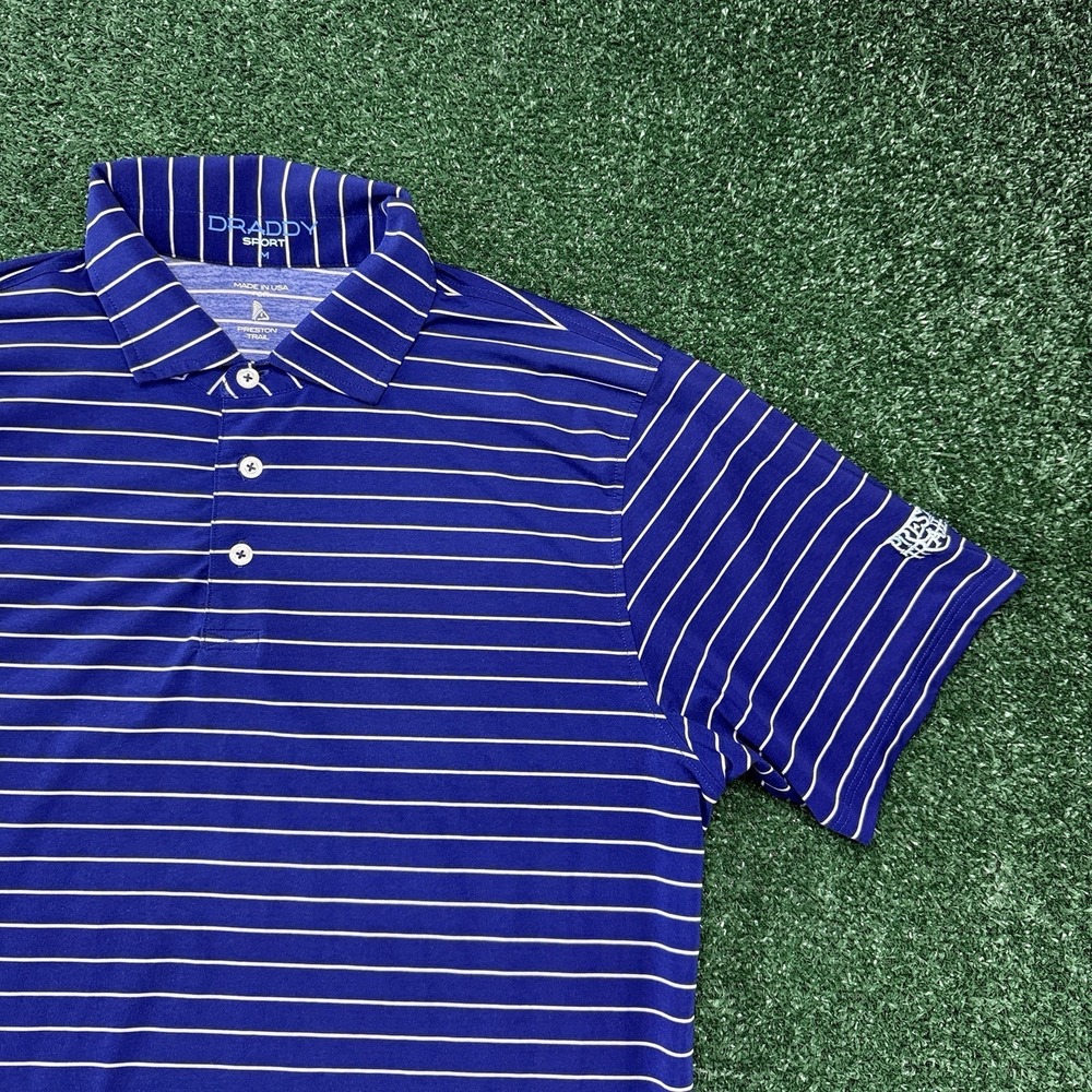 B. Draddy Sport Preston Trail Men's Golf Short Sleeve Polo Medium Blue Striped